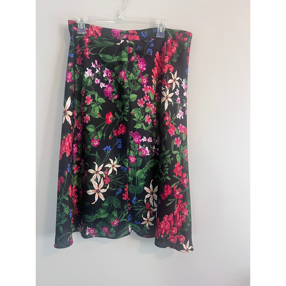 Liz Claiborne Career Black Floral A-Line Midi Skirt Size 12 Botanical Print